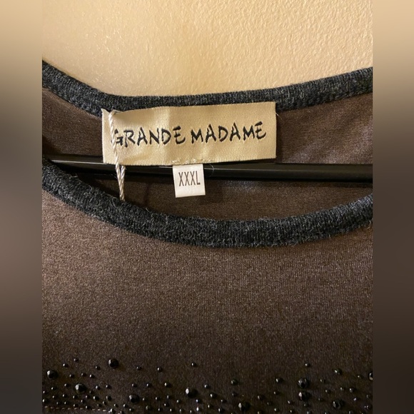 Grande Madame taupe & grey crew neck long sleeved top with letters & black gems - Picture 3 of 12